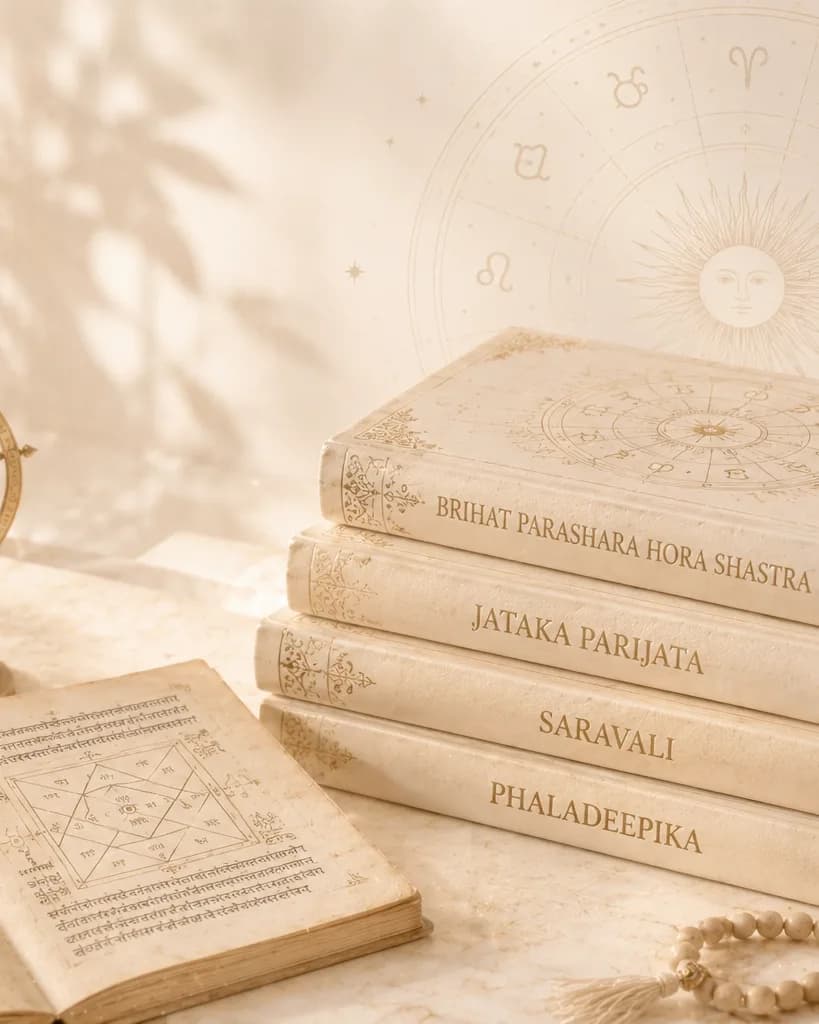Classical Vedic astrology texts, including Brihat Parashara Hora Shastra, beside a hand-drawn birth chart